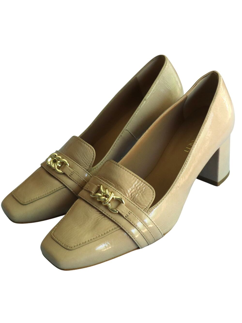 LK Bennett Sydnie Nude Neutral Patent Leather Loafer Pump Block Heel 37 7 Buckle